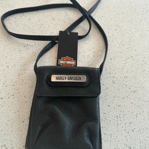 Harley-Davidson® Women's Shoulder Pouch, H-D Metal Plate, Black Leather HD905